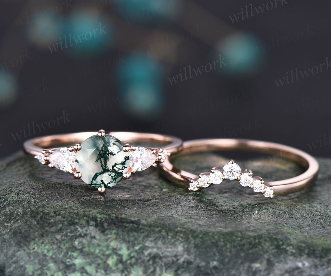 Unique moss agate wedding ring set vintage moss agate engagement ring set five stone rose gold ring set moissanite bridal ring set women