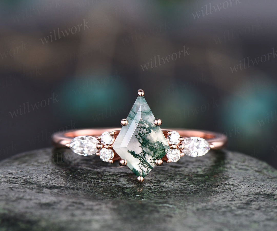 Kite cut green moss agate engagement ring set 14k rose gold marquise unique engagement ring for women diamond promise wedding ring set gifts