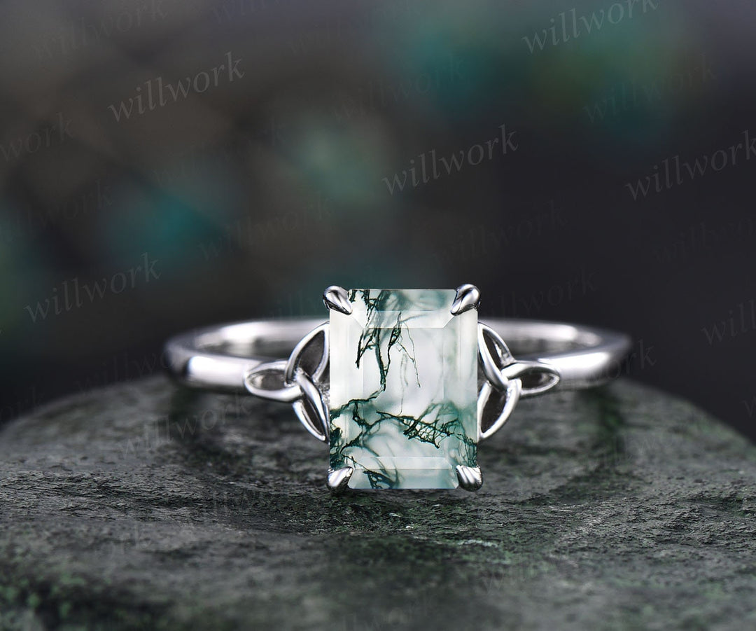 Unique moss agate ring set for women Emerald cut moss agate engagement ring set rose gold vintage Solitaire ring Norse Viking ring Jewelry
