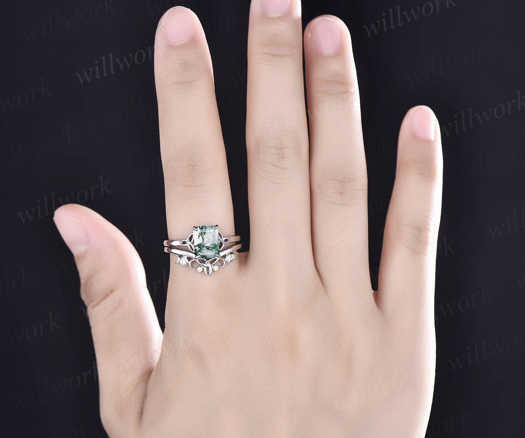 Unique moss agate ring set for women Emerald cut moss agate engagement ring set rose gold vintage Solitaire ring Norse Viking ring Jewelry