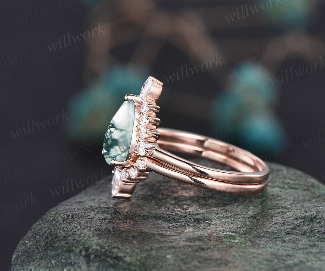 Unique wedding ring set vintage Pear shaped green moss agate engagement ring set rose gold art deco ring halo marquise cut moissanite ring