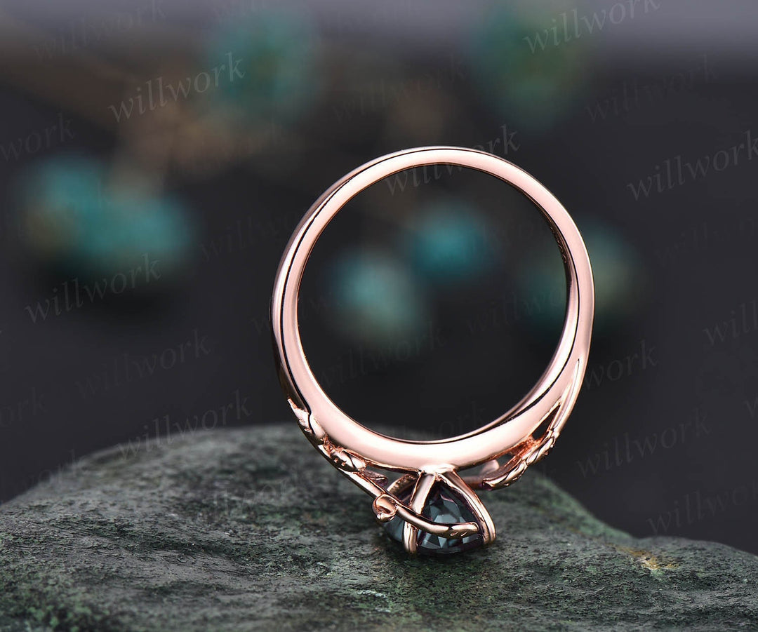 Unique vintage green moss agate engagement ring leaf flower art deco dainty solitaire rose gold ring promise bridal weddring ring jewelry