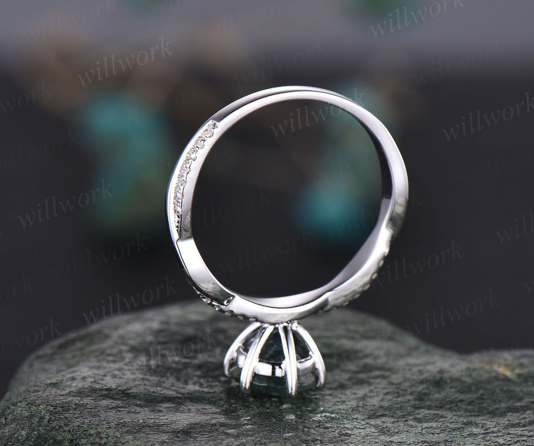 Unique round cut green moss agate engagement ring 14k white gold six prong ring twisted diamond ring vintage promise wedding ring for women