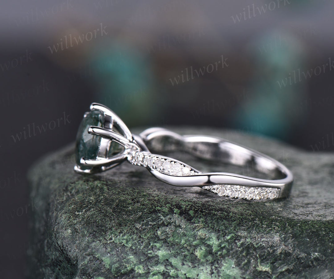 Unique round cut green moss agate engagement ring 14k white gold six prong ring twisted diamond ring vintage promise wedding ring for women