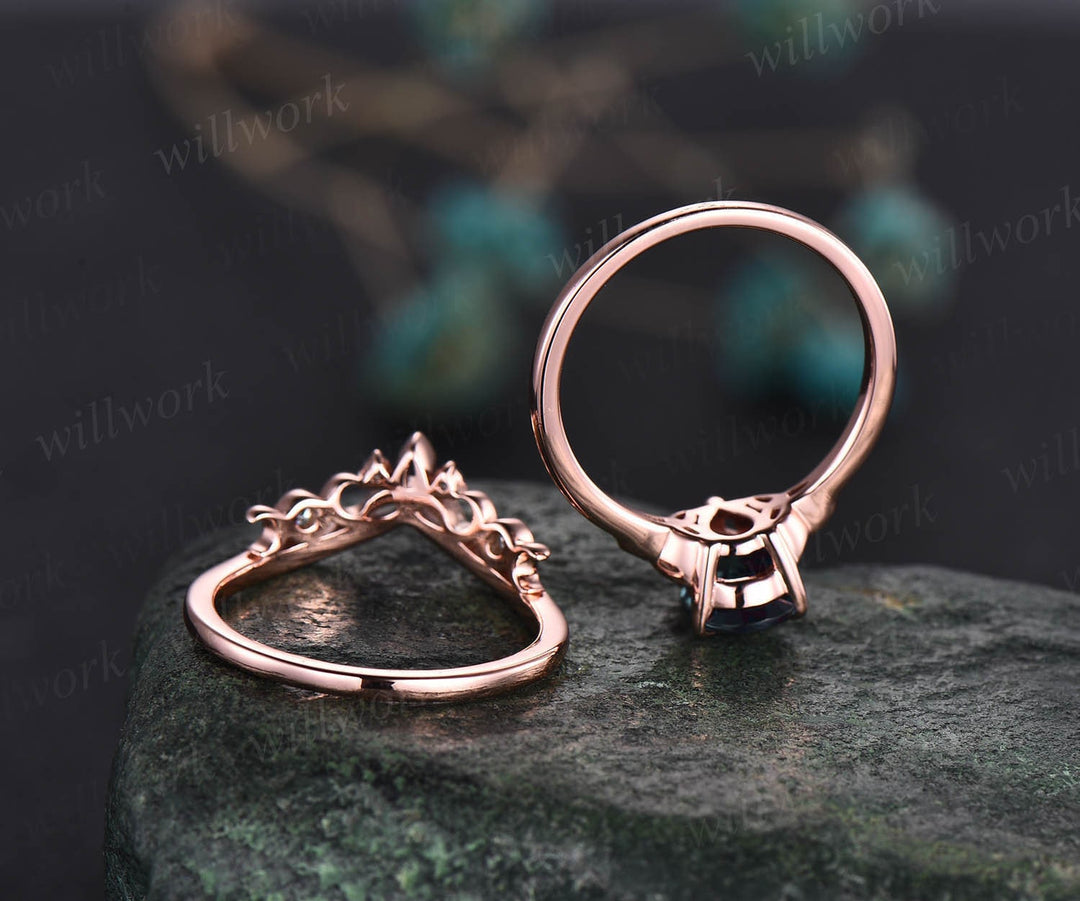 Unique pear shaped green moss agate engagement ring set 14k rose gold solitaire Norse Viking ring Jewelry antique wedding ring set for women