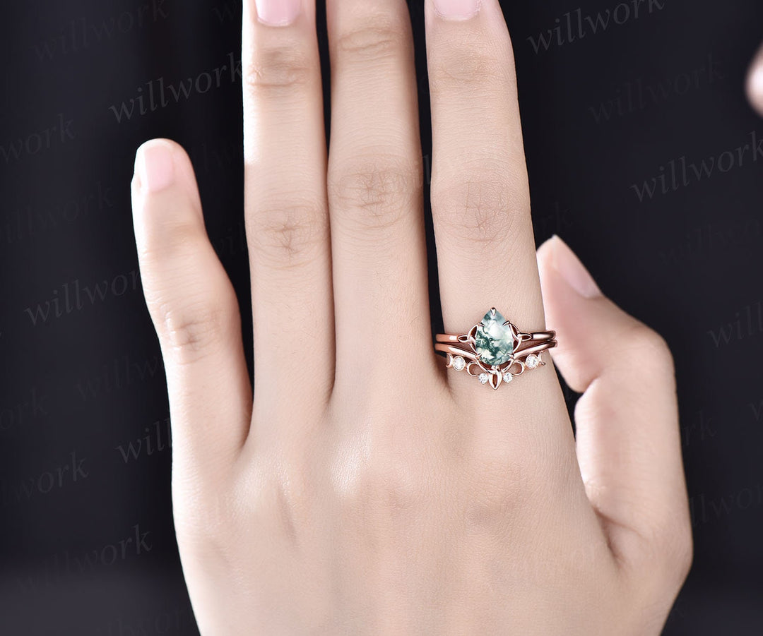 Unique pear shaped green moss agate engagement ring set 14k rose gold solitaire Norse Viking ring Jewelry antique wedding ring set for women