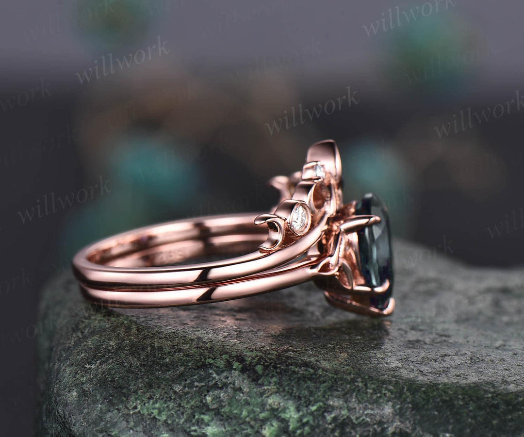 Unique pear shaped green moss agate engagement ring set 14k rose gold solitaire Norse Viking ring Jewelry antique wedding ring set for women