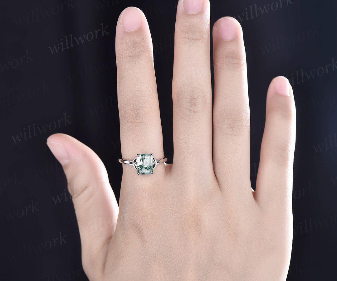 Unique moss agate ring set for women Emerald cut moss agate engagement ring set rose gold vintage Solitaire ring Norse Viking ring Jewelry