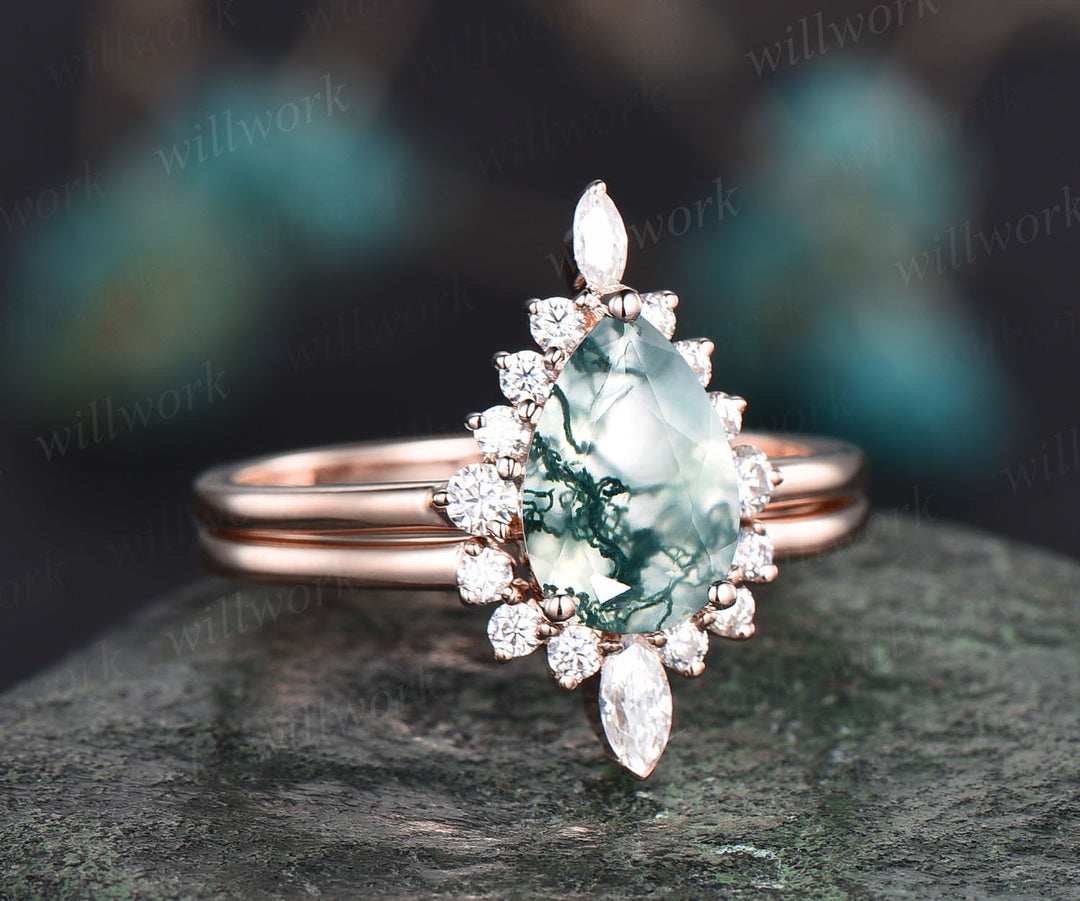 Unique wedding ring set vintage Pear shaped green moss agate engagement ring set rose gold art deco ring halo marquise cut moissanite ring