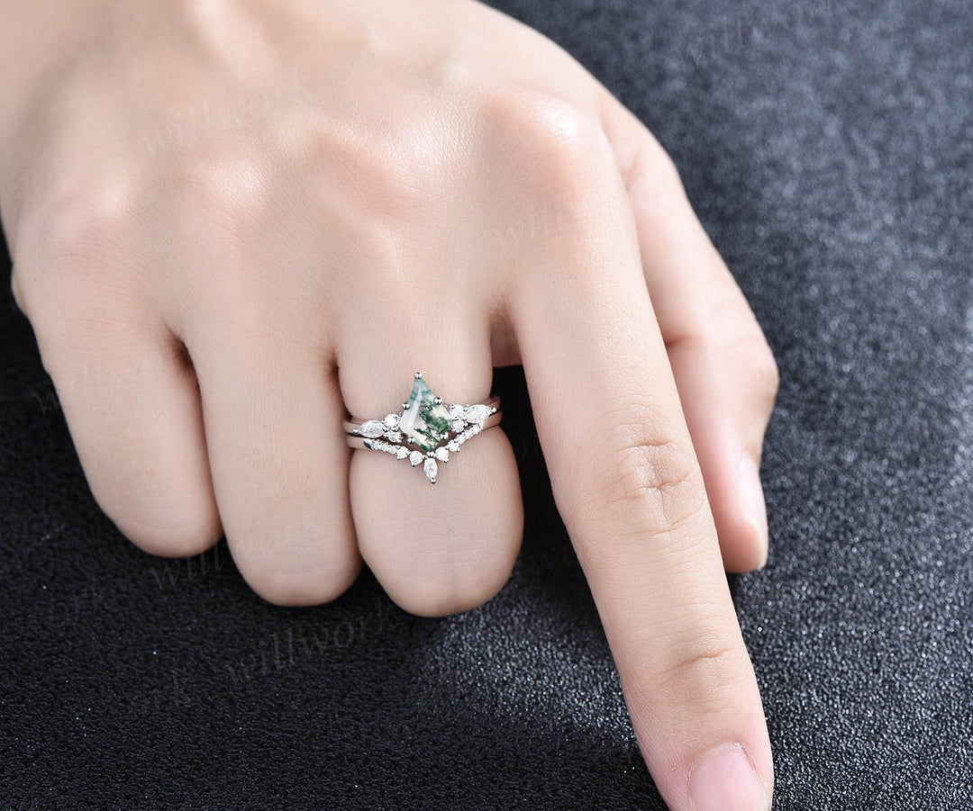 Vintage kite cut green moss agate engagement ring set 14k white gold marquise cut diamond ring for women unique bridal wedding ring set gift