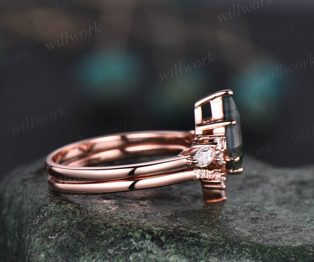 Vintage kite cut green moss agate engagement ring set 14k rose gold marquise cut moissanite ring for women unique bridal wedding ring set