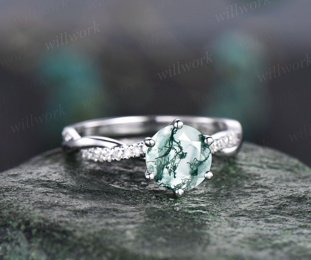 Unique round cut green moss agate engagement ring 14k white gold six prong ring twisted diamond ring vintage promise wedding ring for women