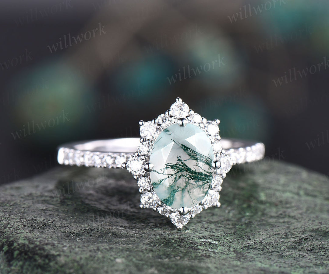 Oval cut moss agate ring gold silver vintage unique green moss agate engagement ring set art deco emerald diamond wedding ring set for women