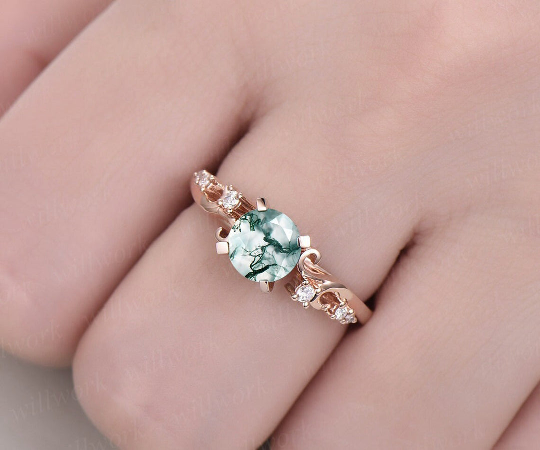 Round cut moss agate ring gold silver vintage style unique green moss agate engagement ring antique diamond ring bridal wedding ring women