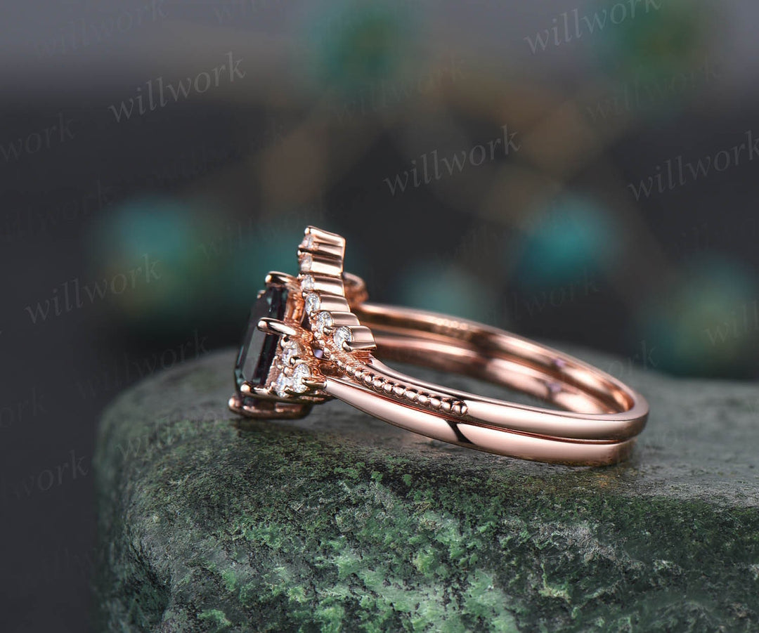 Hexagon cut green moss agate ring rose gold silver vintage unique engagement ring set six prong dainty moissanite bridal ring set for women