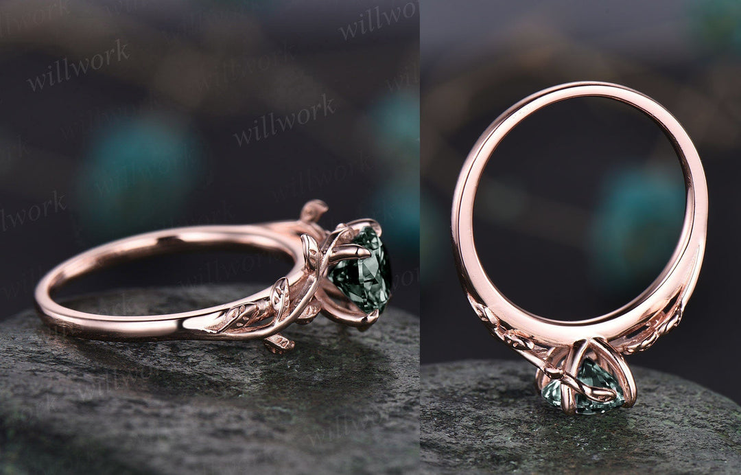 Round cut moss agate ring for women dainty Twig vintage moss agate engagement ring leaf art deco rose gold wedding bridal promise ring gift