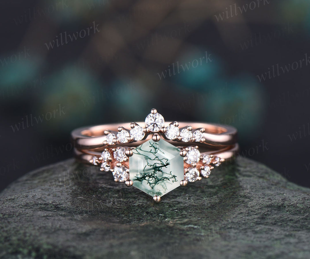 Hexagon cut green moss agate ring gold silver vintage snowdrift engagement ring set alternative unique engagement ring bridal ring set women