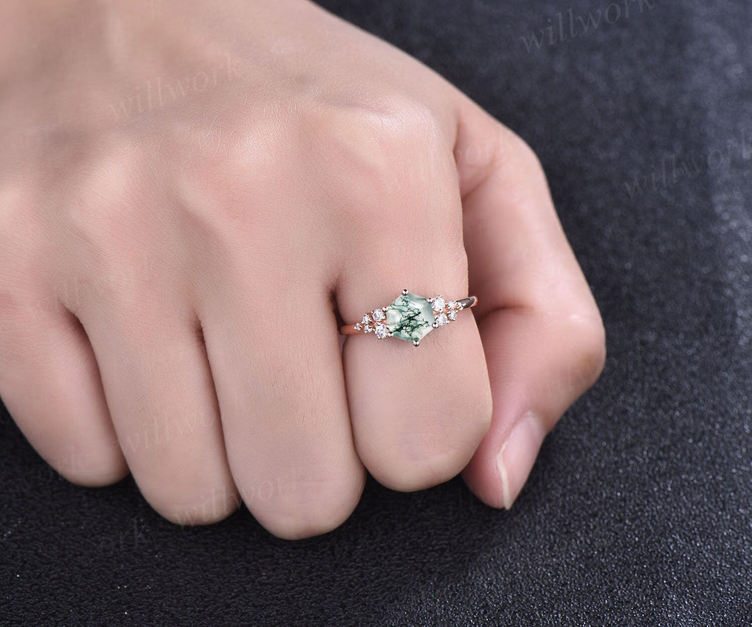 Hexagon cut green moss agate ring gold silver vintage snowdrift engagement ring set alternative unique engagement ring bridal ring set women