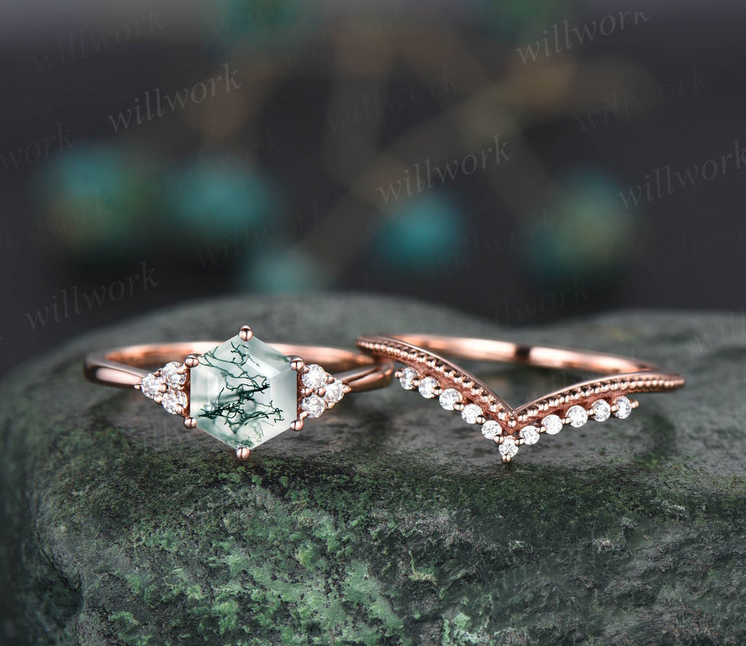 Hexagon cut green moss agate ring rose gold silver vintage unique engagement ring set six prong dainty moissanite bridal ring set for women