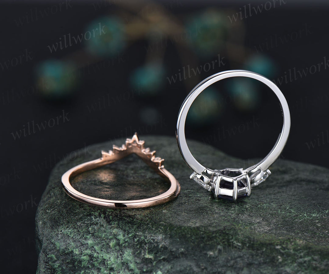 Vintage hexagon cut green moss agate engagement ring set rose gold three stone unique engagement ring art deco moissanite wedding ring women