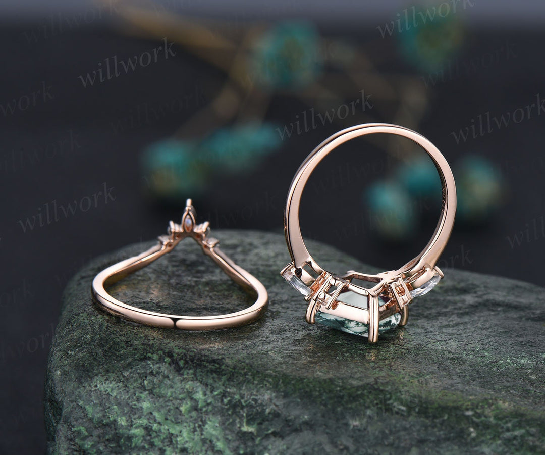 Princess cut moss agate ring gold vintage green moss agate engagement ring set rose gold art deco unique engagement ring moissanite ring set