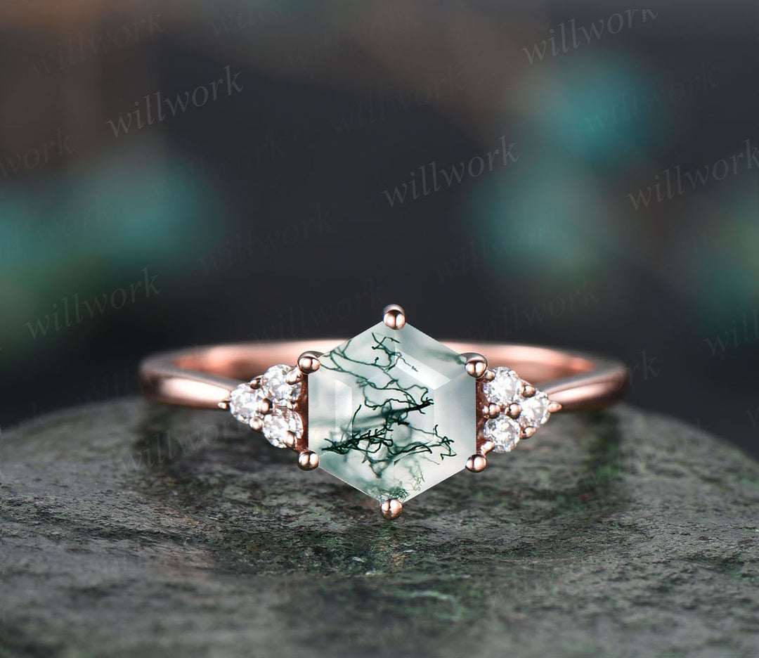 Hexagon cut green moss agate ring rose gold silver vintage unique engagement ring set six prong dainty moissanite bridal ring set for women