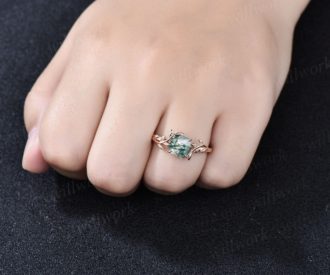 Cushion cut green moss agate ring vintage unique nature inspired engagement ring leaf 14k rose gold ring art deco bridal wedding ring women