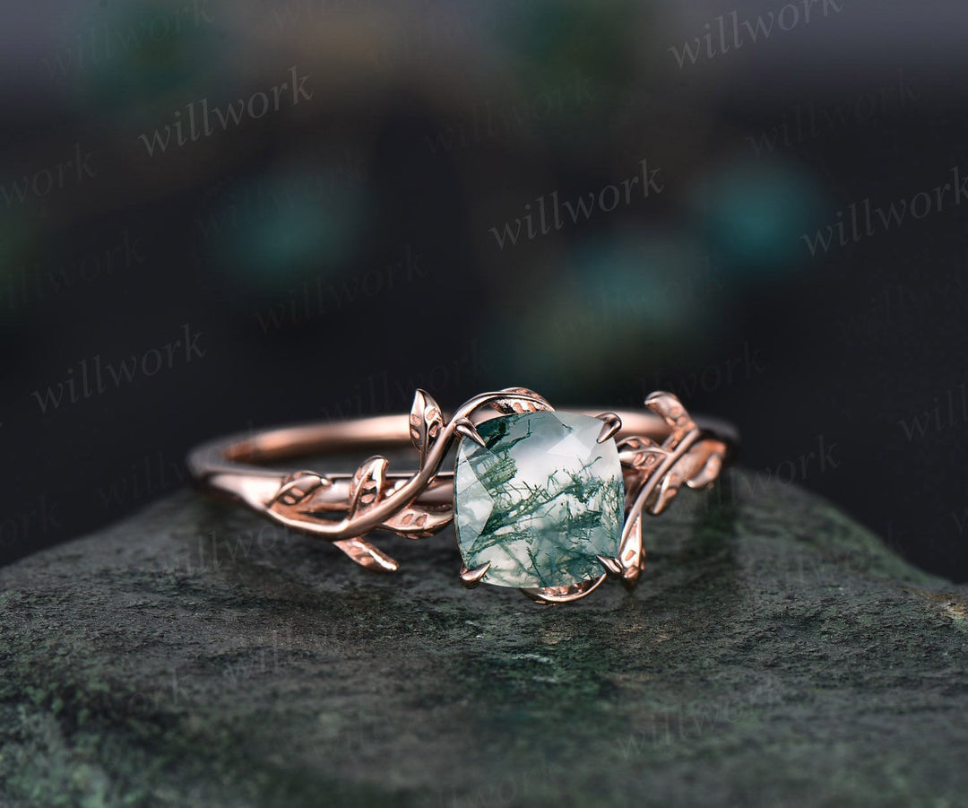 Cushion cut green moss agate ring vintage unique nature inspired engagement ring leaf 14k rose gold ring art deco bridal wedding ring women