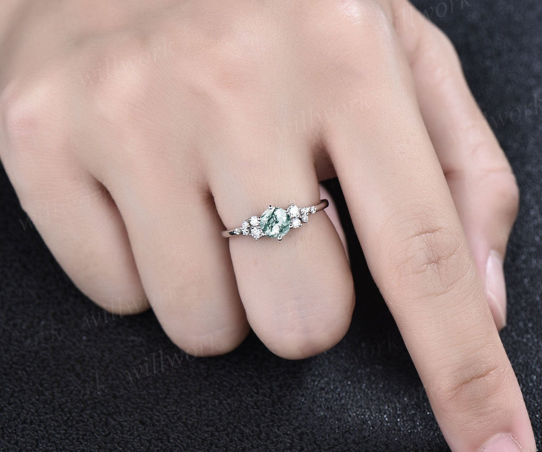 Moss agate ring green moss agate ring engagement ring white gold unique snowdrift engagement ring dainty diamond wedding ring women gifts