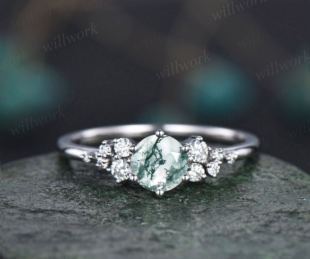 Moss agate ring green moss agate ring engagement ring white gold unique snowdrift engagement ring dainty diamond wedding ring women gifts