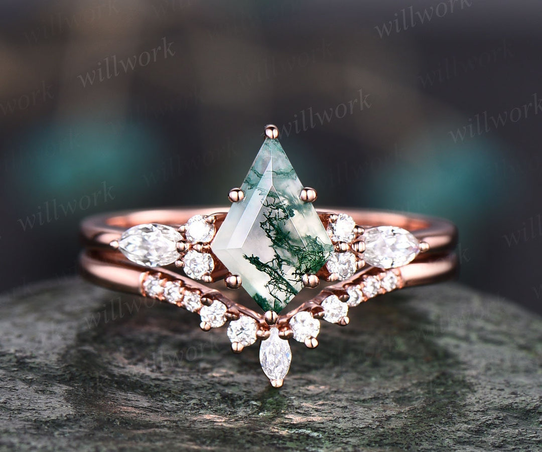 Vintage kite cut green moss agate engagement ring set 14k white gold marquise cut diamond ring for women unique bridal wedding ring set gift