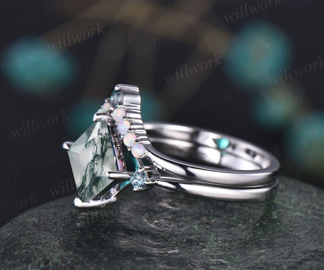 Princess cut green moss agate engagement ring set white gold opal ring vintage alexandrite ring women anniversary promise wedding ring gifts