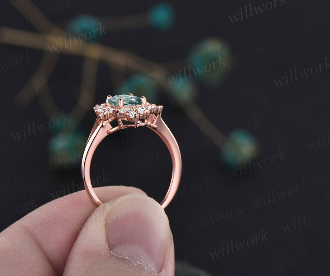 Emerald cut green moss agate engagement ring rose gold unique baguette cut engagement ring split shank moissanite promise wedding ring women