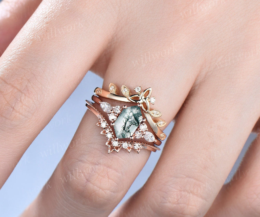 Green moss agate ring set vintage Long hexagon cut moss agate engagement ring set diamond ring rose gold unique anniversary ring set women