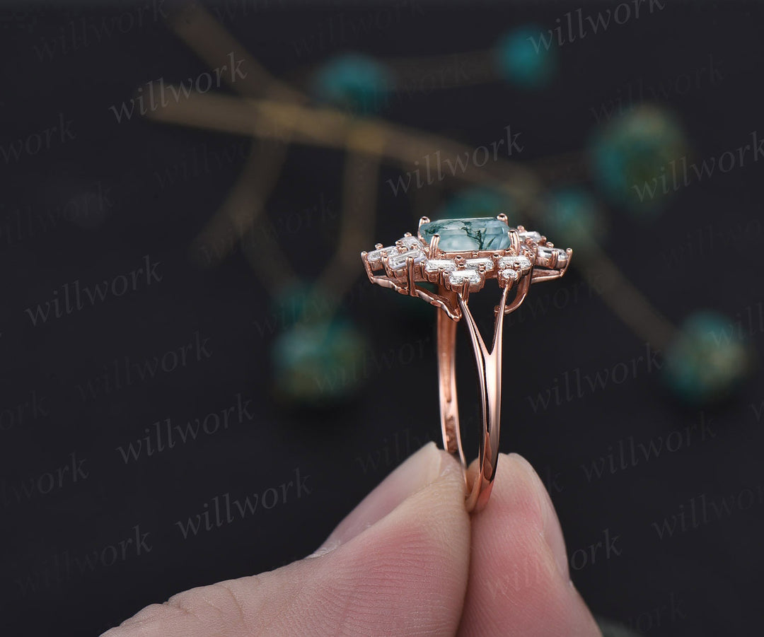 Emerald cut green moss agate engagement ring rose gold unique baguette cut engagement ring split shank moissanite promise wedding ring women