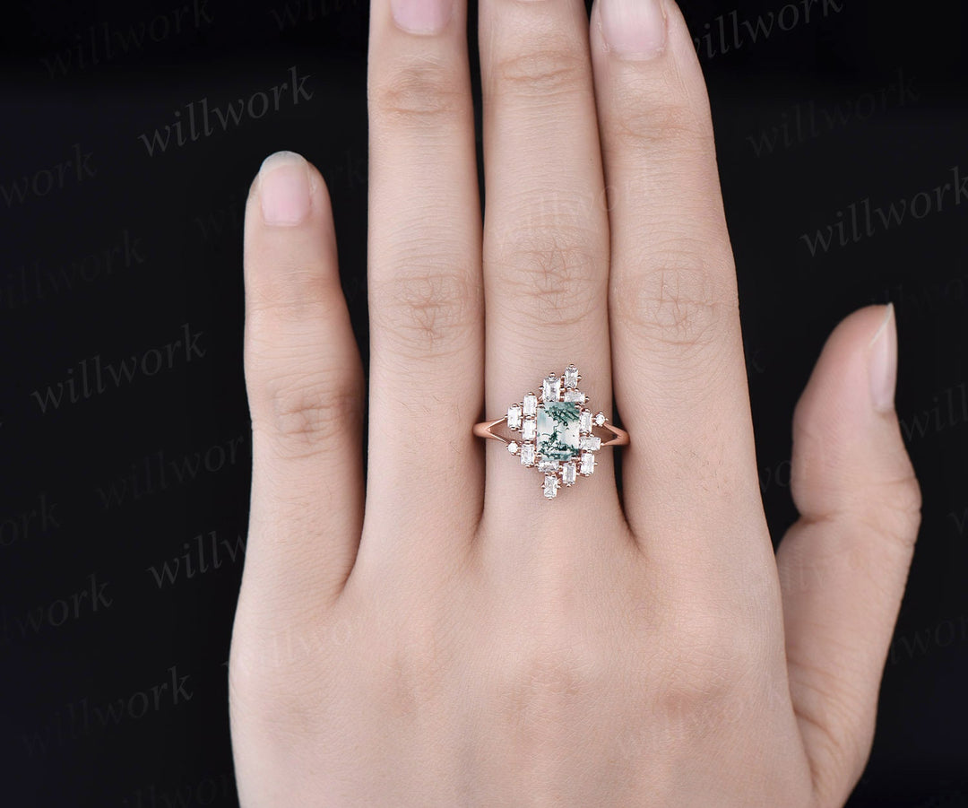 Emerald cut green moss agate engagement ring rose gold unique baguette cut engagement ring split shank moissanite promise wedding ring women