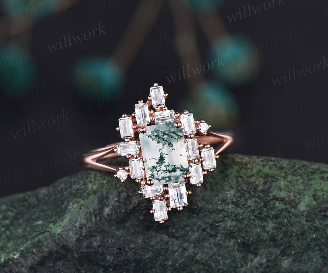 Emerald cut green moss agate engagement ring rose gold unique baguette cut engagement ring split shank moissanite promise wedding ring women