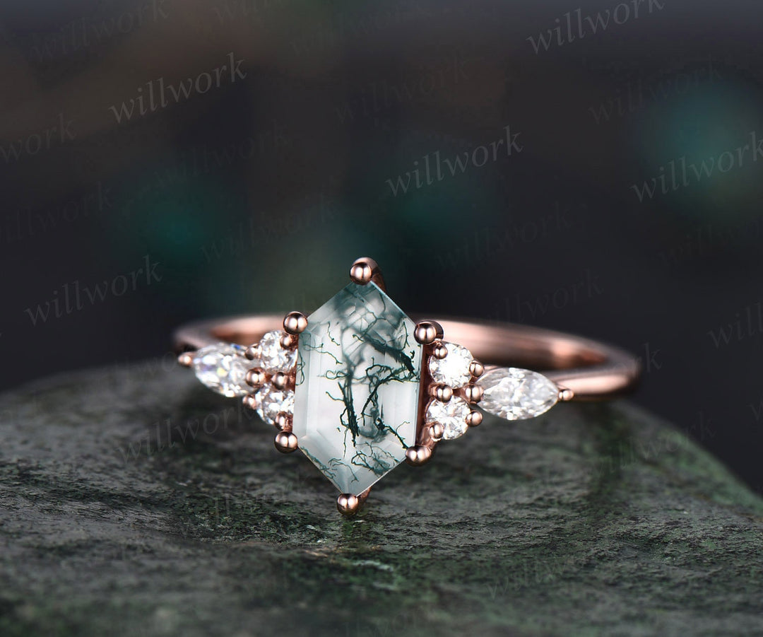 Vintage Long hexagon cut green moss agate engagement ring set 14k rose gold marquise cut diamond ring unique bridal wedding ring set women