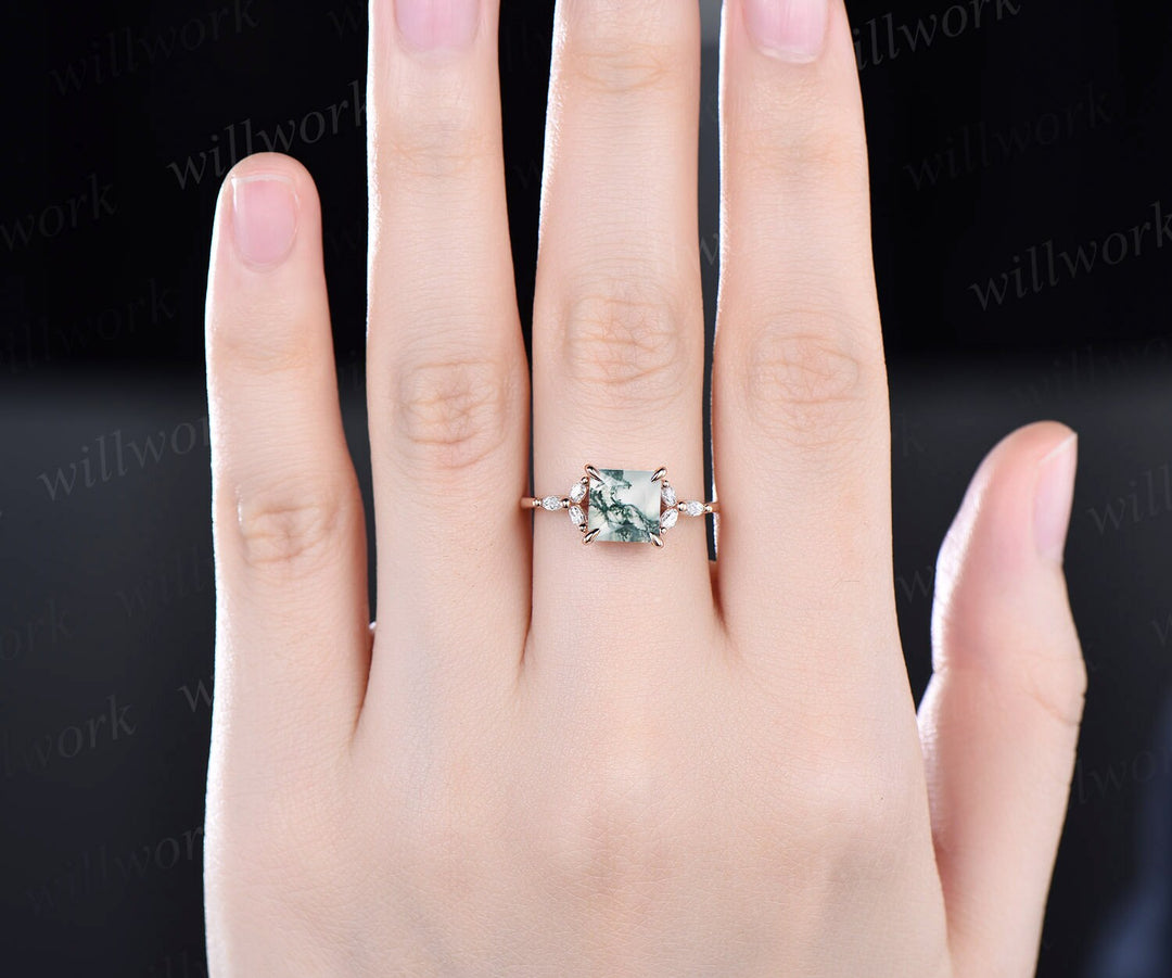 2ct Princess cut moss agate ring rose gold vintage green moss agate engagement ring cluster art deco diamond ring promise wedding ring women