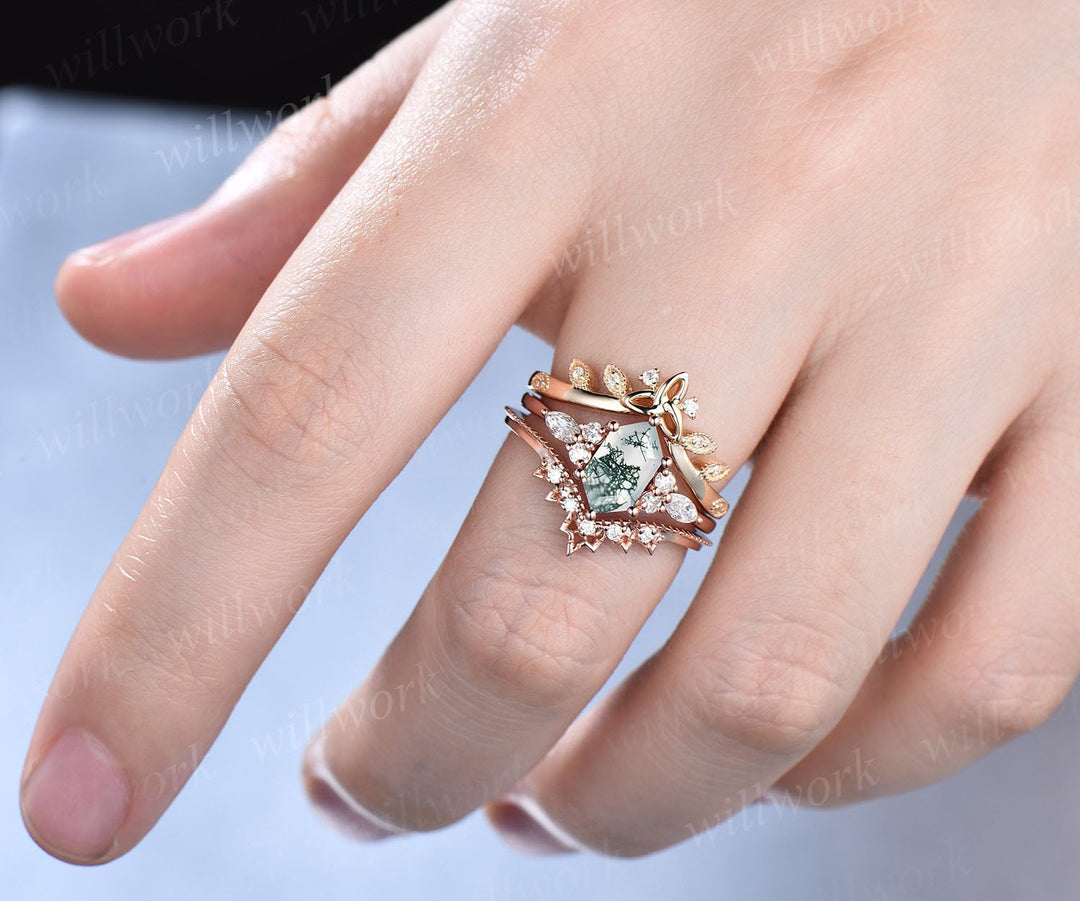 Green moss agate ring set vintage Long hexagon cut moss agate engagement ring set diamond ring rose gold unique anniversary ring set women