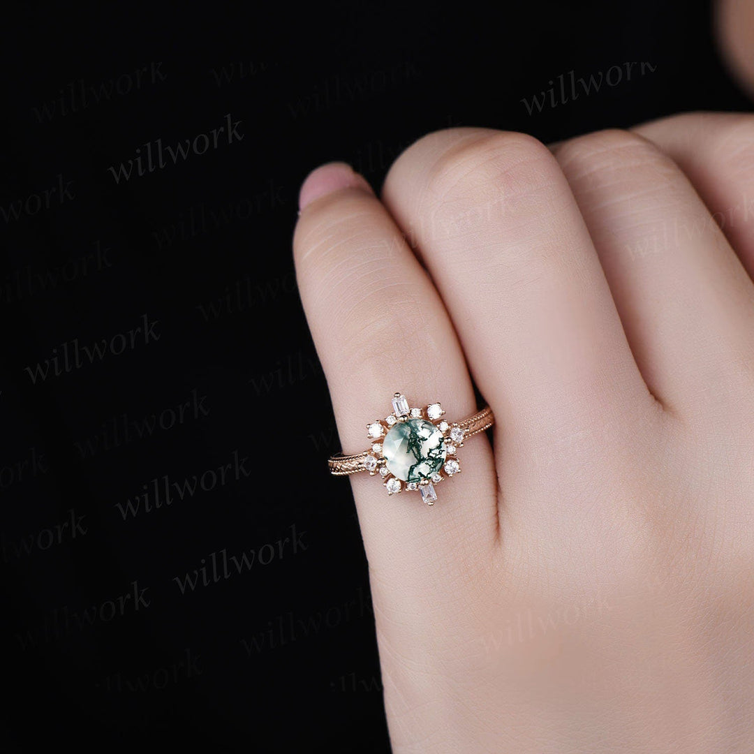 1ct Round cut moss agate ring vintage unique cluster halo engagement ring for women 14k rose gold baguette cut moissanite ring promise ring