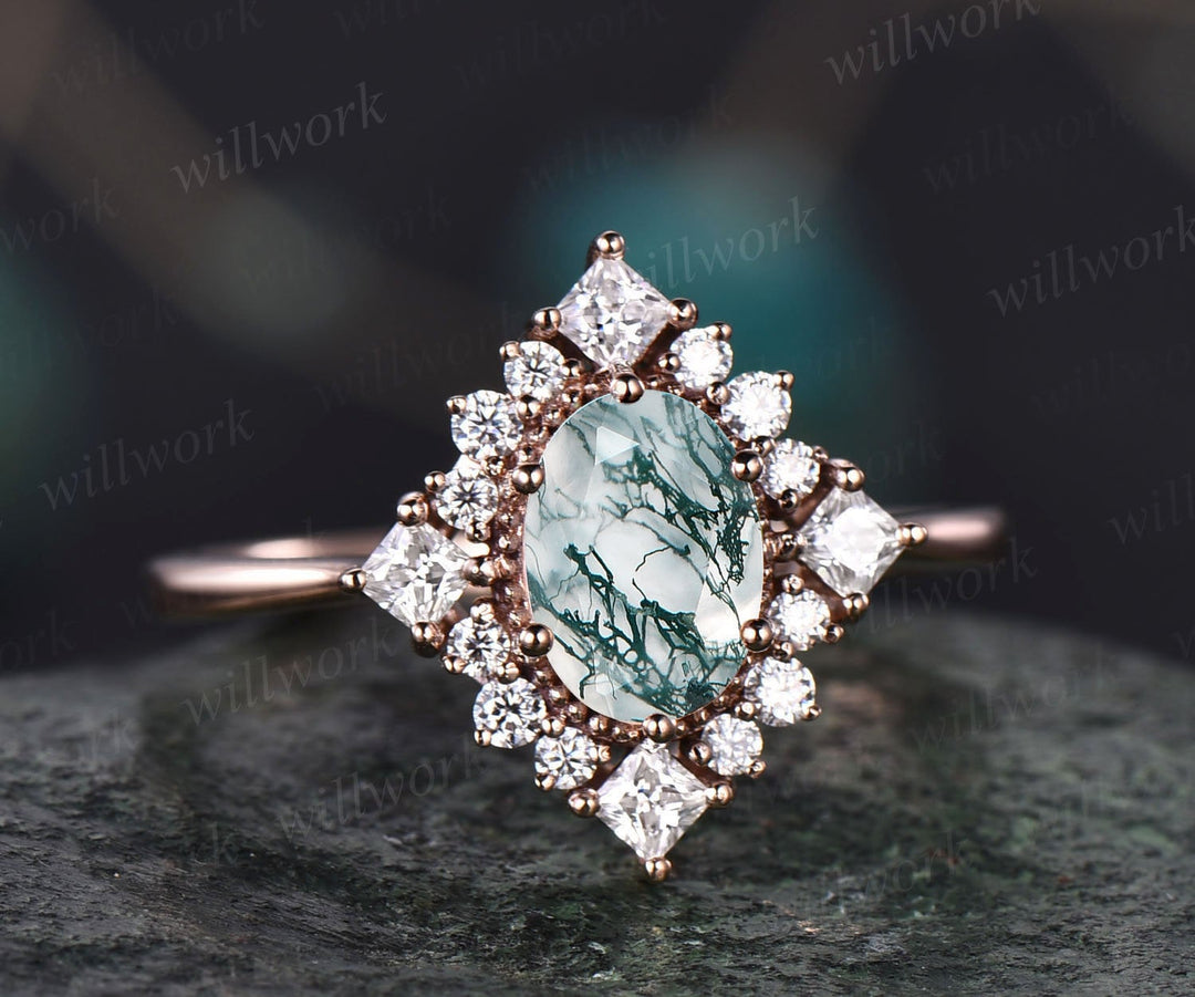 Green moss agate wedding ring women 1ct oval moss agate engagement ring rose gold halo princess cut moissanite ring 6 prong promise ring