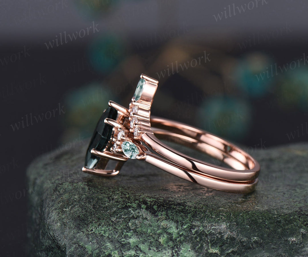 1.5ct Unique kite cut moss agate engagement ring set marquise cut moss agate ring vintage rose gold 6 prong diamond wedding ring set women