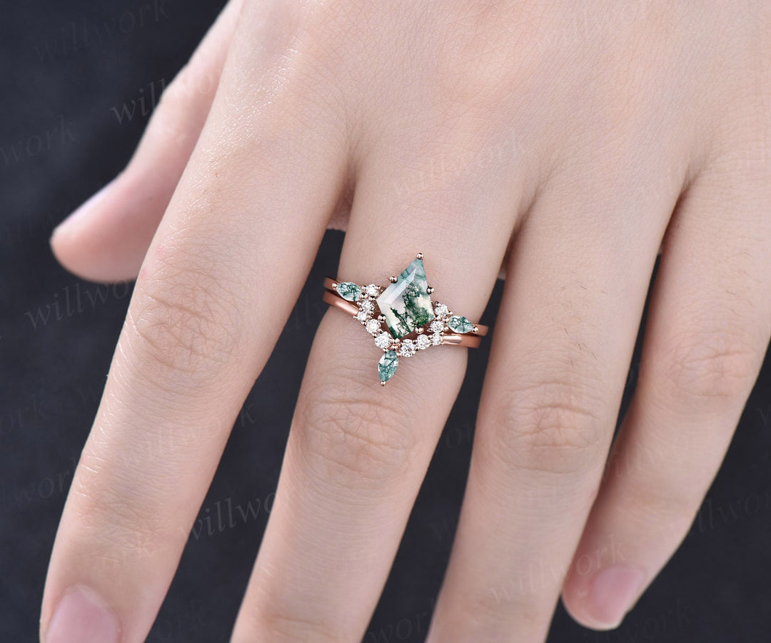 1.5ct Unique kite cut moss agate engagement ring set marquise cut moss agate ring vintage rose gold 6 prong diamond wedding ring set women