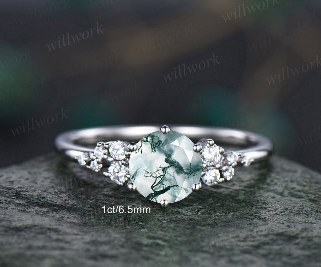 2ct Round moss agate ring vintage moss agate engagement ring white gold cluster unique snowdrift engagement ring diamond ring for women gift