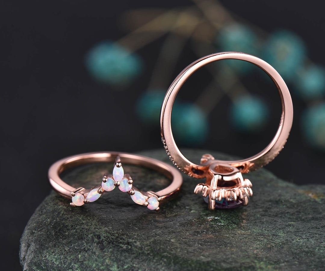 Pear shaped green moss agate ring cluster engagement ring set 14k rose gold moissanite opal ring women unique bridal anniversary ring set