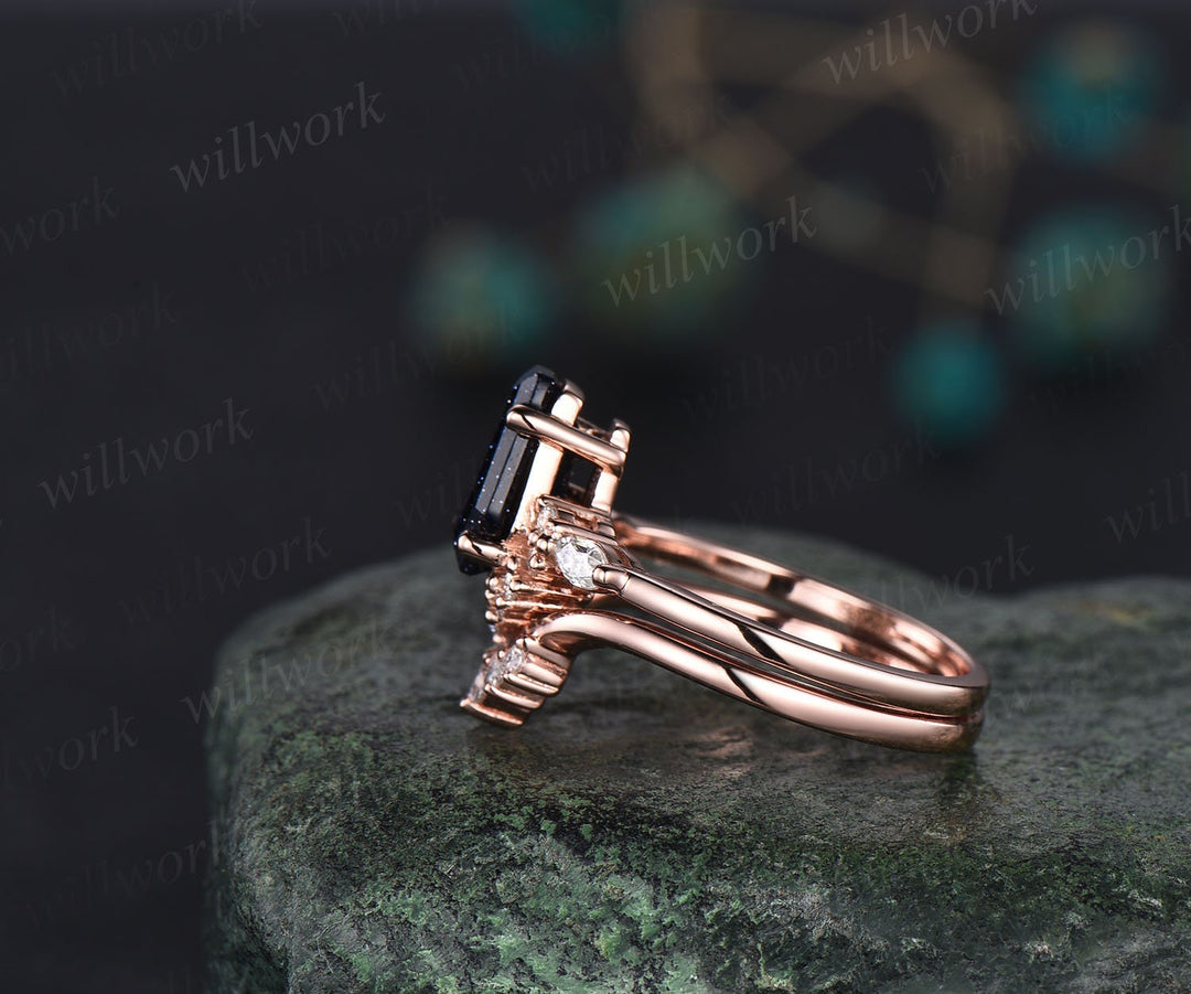 Vintage Coffin shaped green moss agate engagement ring 14k rose gold silver art deco diamond promise anniversary wedding ring set women gift