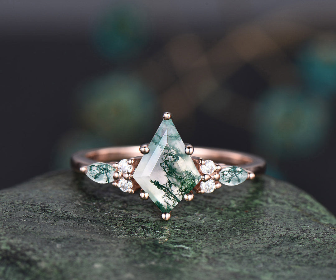 1.5ct Unique kite cut moss agate engagement ring set marquise cut moss agate ring vintage rose gold 6 prong diamond wedding ring set women