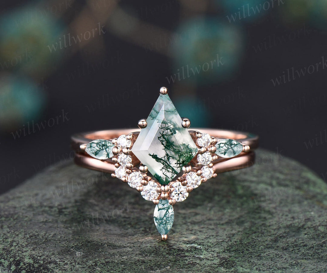 1.5ct Unique kite cut moss agate engagement ring set marquise cut moss agate ring vintage rose gold 6 prong diamond wedding ring set women