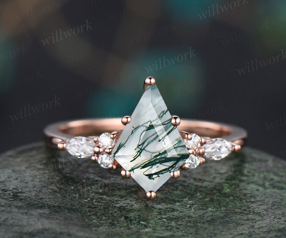 Kite cut green moss agate engagement ring set 14k rose gold marquise unique engagement ring for women diamond promise wedding ring set gifts